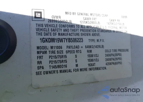 2000 GMC Safari Sl из США, поврежденный, VIN 1GKDM19W7YB506223